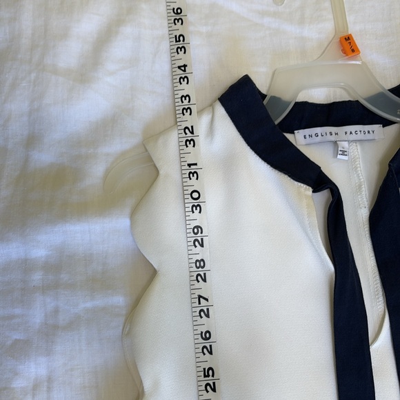 Modcloth English Factory white shift dress navy bow tie scalloped sleeves - Picture 6 of 6